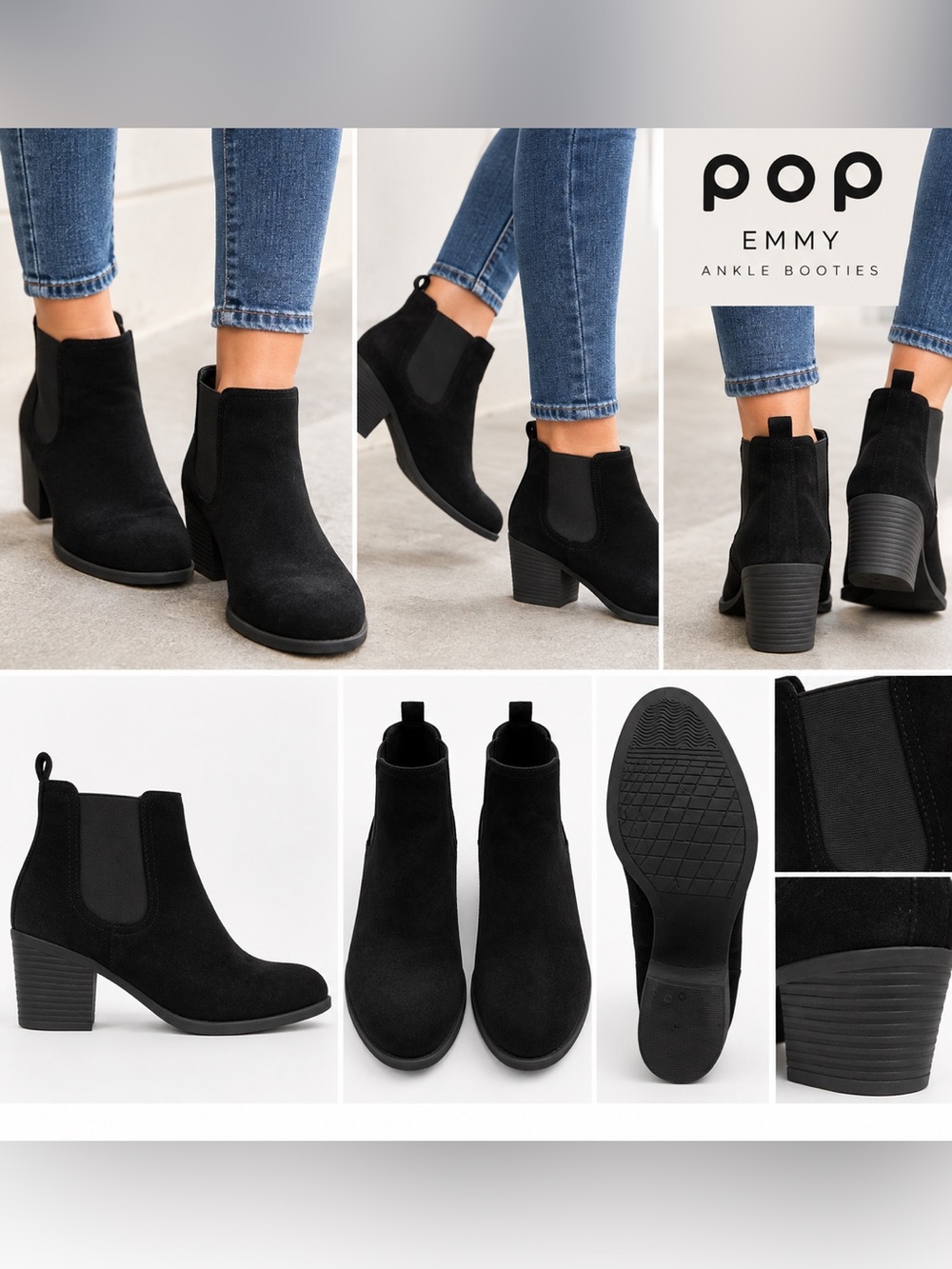 POP Emmy Black Suede Chelsea Ankle Boots Block Heel Women’s Size 9